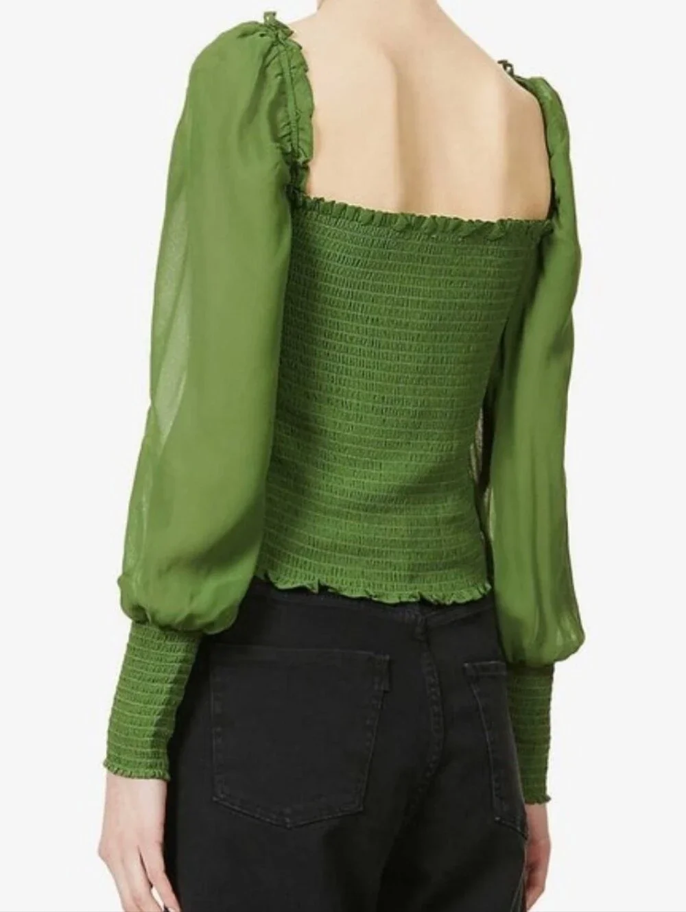 Reformation Pinto Smocked Long Sleeve Puffy Blouse Amsterdam Green S
